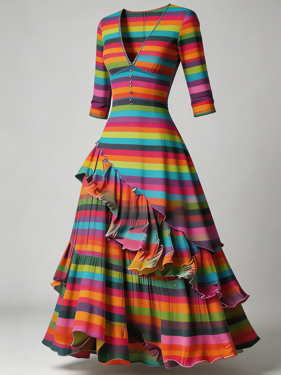 Retro Floral Art Printed V-Neck Vintage Casual Maxi Dress